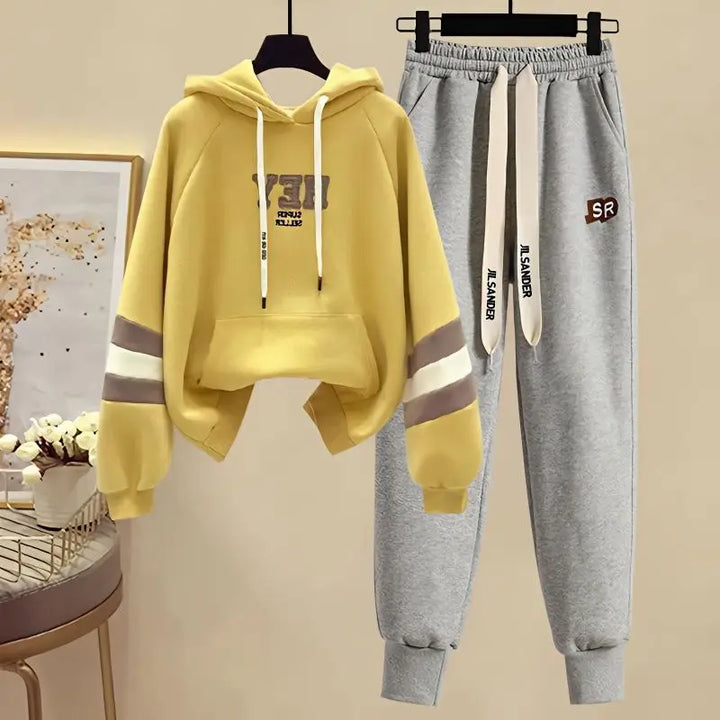 Sports Set for Women in Spring and Autumn New Korean Version Color Blocking Hooded Top Casual Pants Age Reducing Two-piece Set