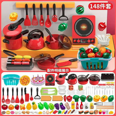 Kids Toys Pretend Play Red Kitchen Toys Simulation Food Cooking Girl's Boys Educational Play House Interactive Toys for Children