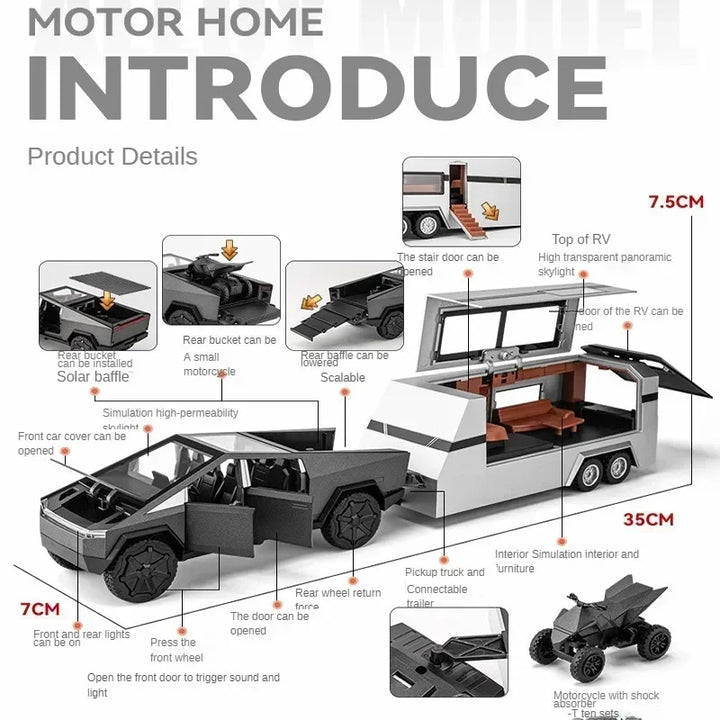 Tesla Cybertruck Pickup Trailer Alloy Car Model Diecasts Metal Toy Off-road Vehicles Truck Model Sound and Light Gifts for Kids