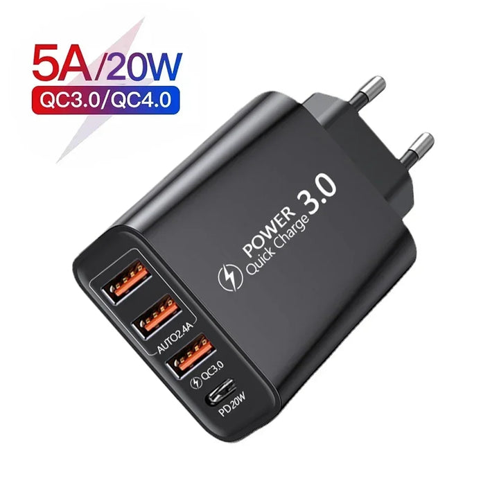 Charge Power 20W PD 4 Ports USB 5V4 A Adapter Mobile Phone Charger QC3.0 Charging EU/US Plug Outlet Travel Charger 110V 220V