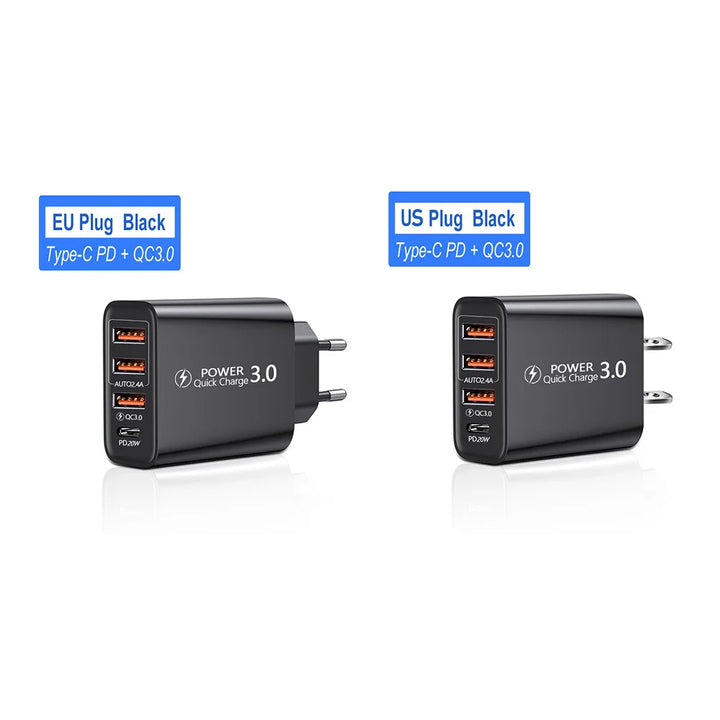 Charge Power 20W PD 4 Ports USB 5V4 A Adapter Mobile Phone Charger QC3.0 Charging EU/US Plug Outlet Travel Charger 110V 220V