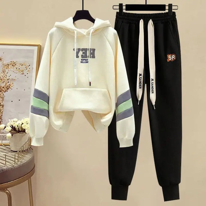 Sports Set for Women in Spring and Autumn New Korean Version Color Blocking Hooded Top Casual Pants Age Reducing Two-piece Set