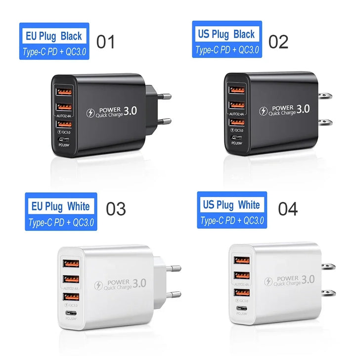Charge Power 20W PD 4 Ports USB 5V4 A Adapter Mobile Phone Charger QC3.0 Charging EU/US Plug Outlet Travel Charger 110V 220V
